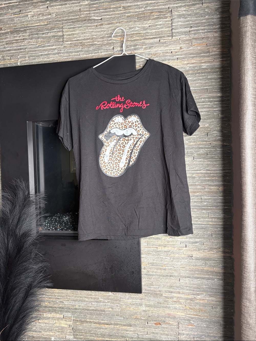 the Rolling Stones Black Tee with Red Script and Leopard Tongue